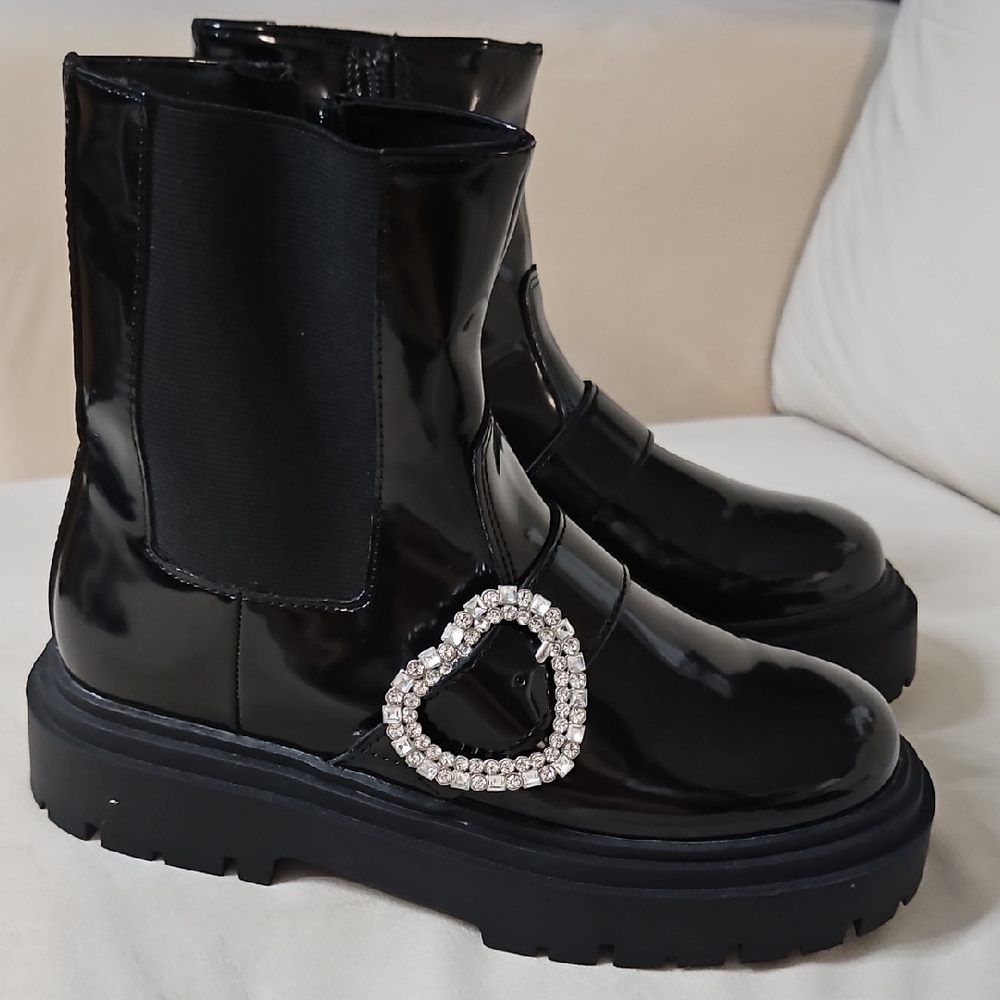 Zara Black Patent Ankle Boots with Rhinestone Heart NWOT
